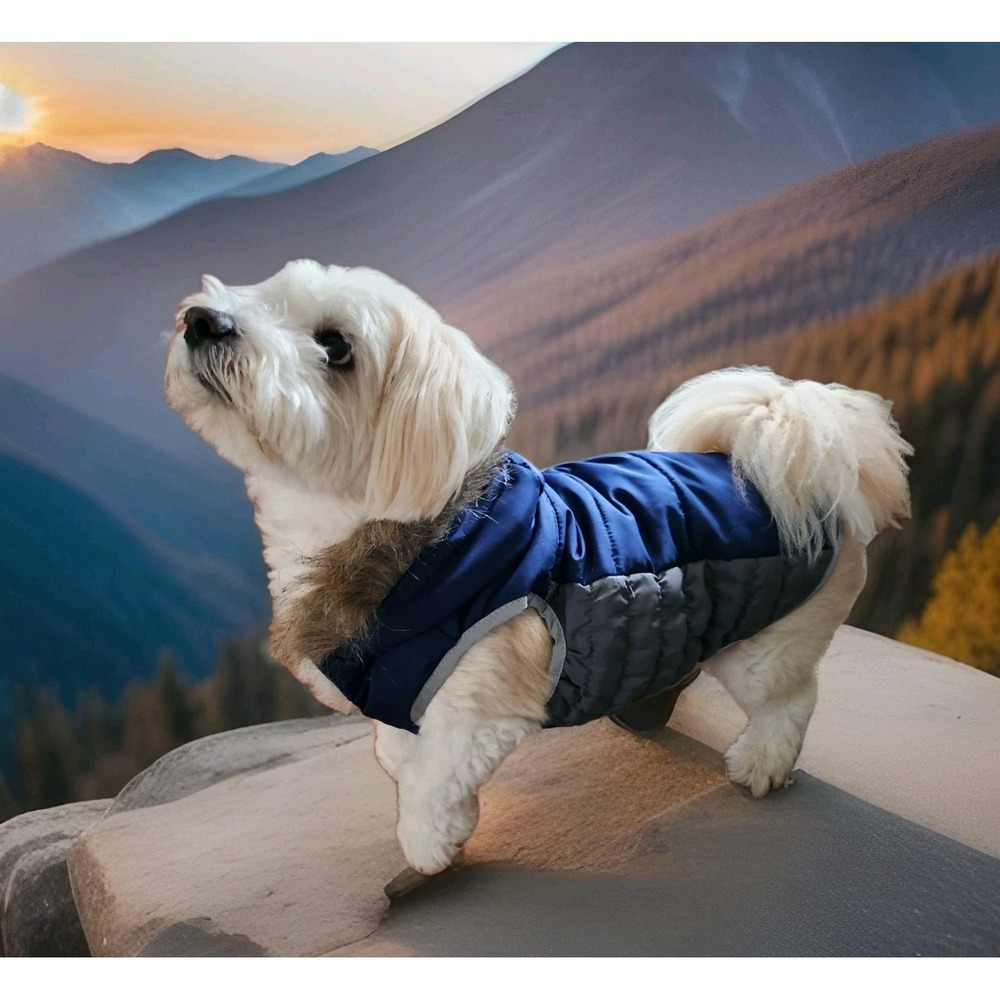 New Quilted Blue & Gray Puffer Vest Fur Hoodie Medium SimplyDog Dog‎ Lover NWT